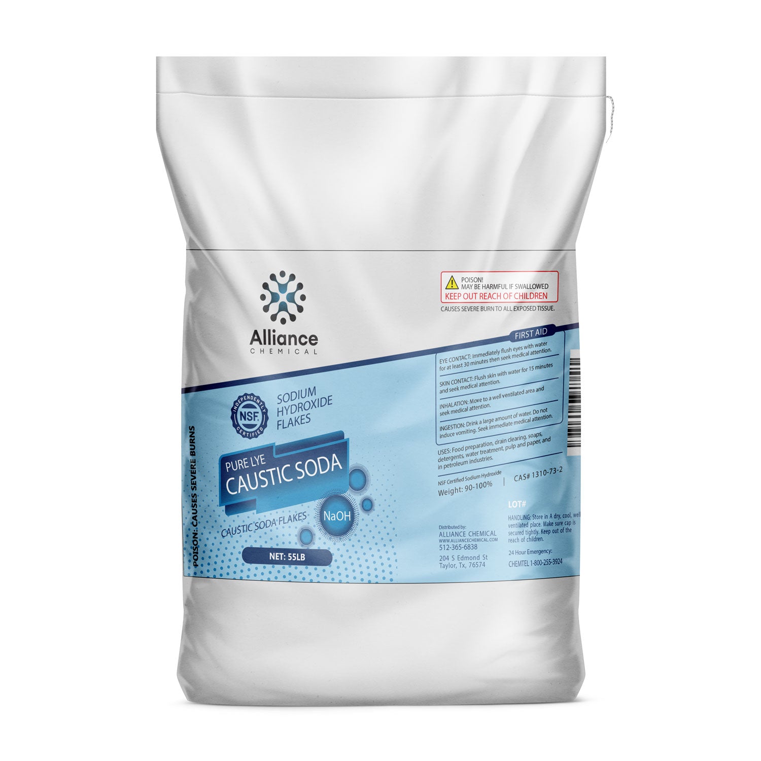 55LB white bag of pure lye caustic soda (NaOH) flakes by Alliance Chemical, NSF-certified, with poison warning label and first-aid instructions.