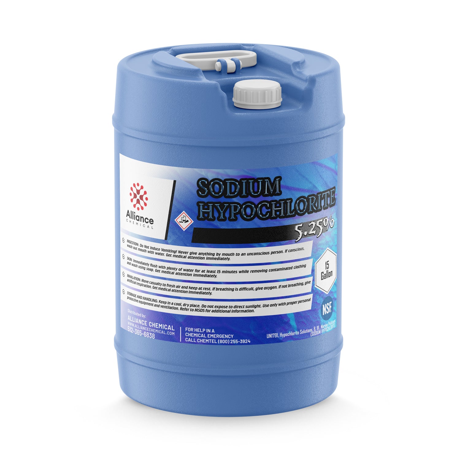 15-gallon blue HDPE drum of 5.25% Sodium Hypochlorite solution by Alliance Chemical, featuring NSF certification and GHS corrosive hazard symbol.