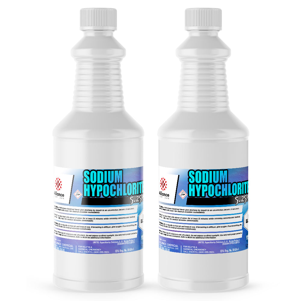 32 oz bottles of Sodium Hypochlorite 5.25% industrial bleach solution in white HDPE containers with corrosive warning symbol and safety labeling.