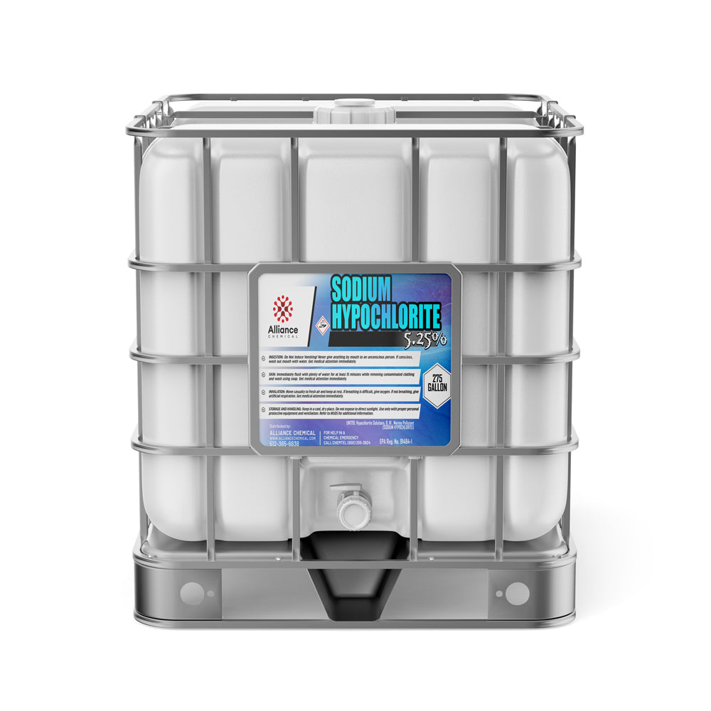 275-gallon IBC tote of 5.25% Sodium Hypochlorite solution with corrosive warning symbol, metallic cage frame, and bottom discharge valve.