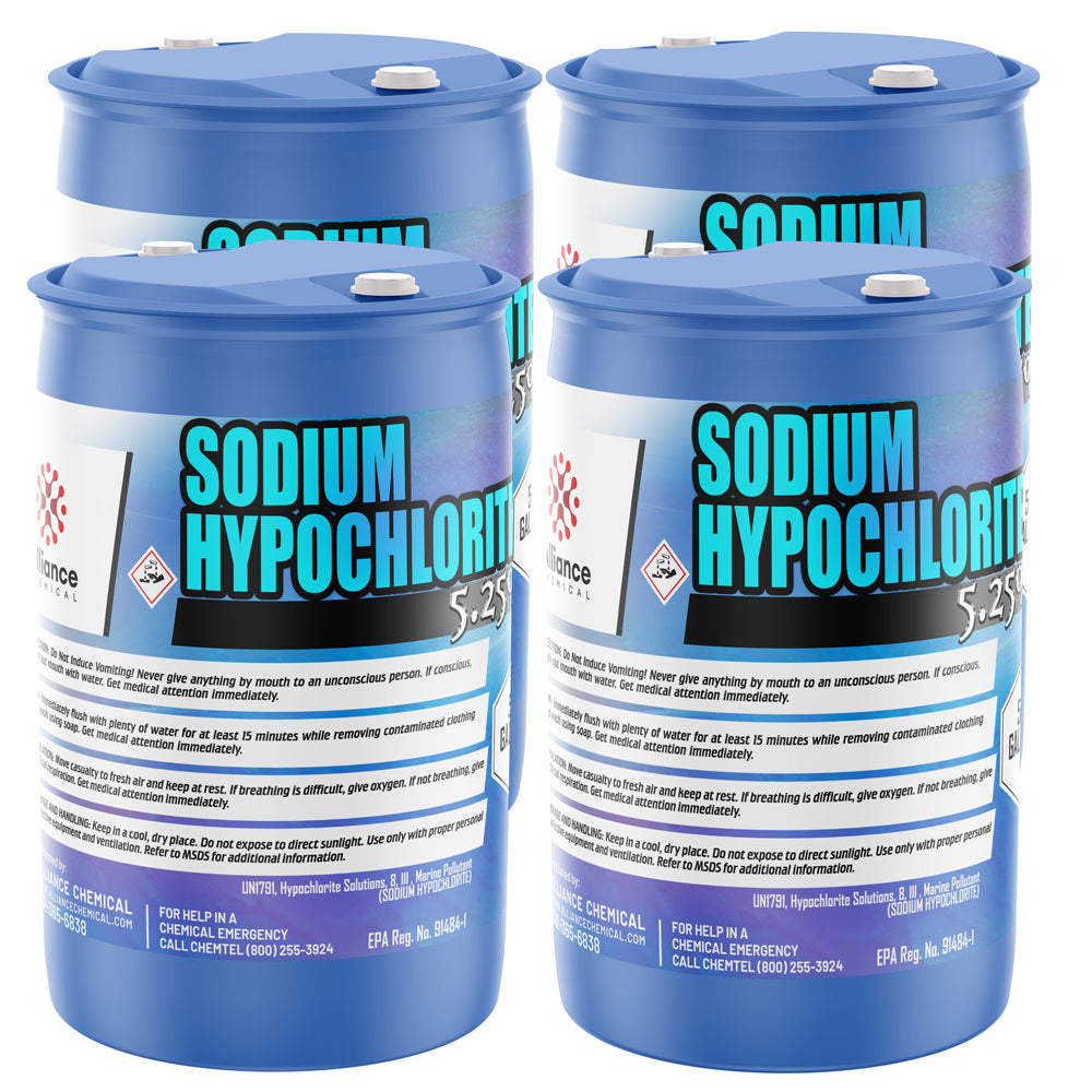 4x 1-gallon blue HDPE drums of Sodium Hypochlorite 5.25%, featuring corrosive warning symbols, safety instructions, and EPA registration details.