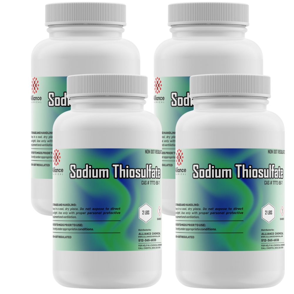 2 LBS white HDPE bottles of Sodium Thiosulfate (CAS #7772-98-7) by Alliance Chemical with safety storage instructions and turquoise-blue gradient label.