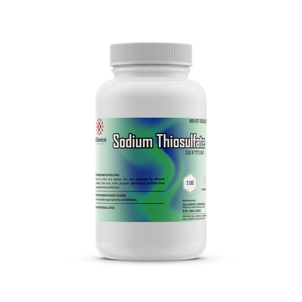 One 2-lbs plastic bottle of Alliance Chemical Sodium Thiosulfate with a white ribbed cap and product label.