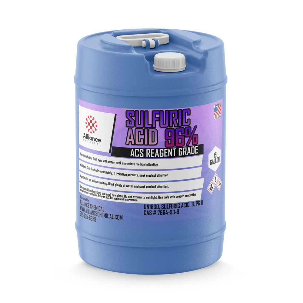 One 15-gallon HDPE jug of Alliance Chemical Sulfuric Acid 96% ACS Grade with a white cap and product label.