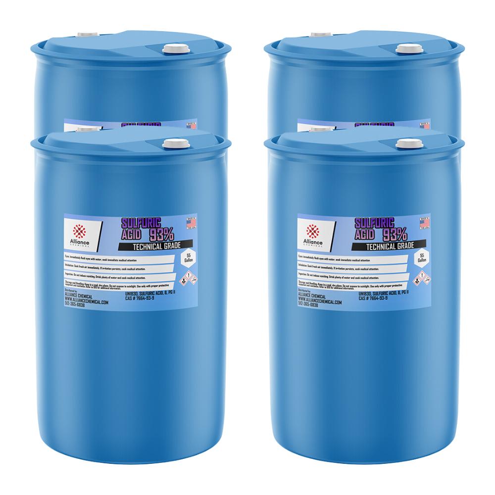 Four 55-gallon plastic drums of Alliance Chemical Sulfuric Acid 93% Technical Grade with blue screw caps and product labels.