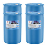 Four 55-gallon plastic drums of Alliance Chemical Sulfuric Acid 93% Technical Grade with blue screw caps and product labels.