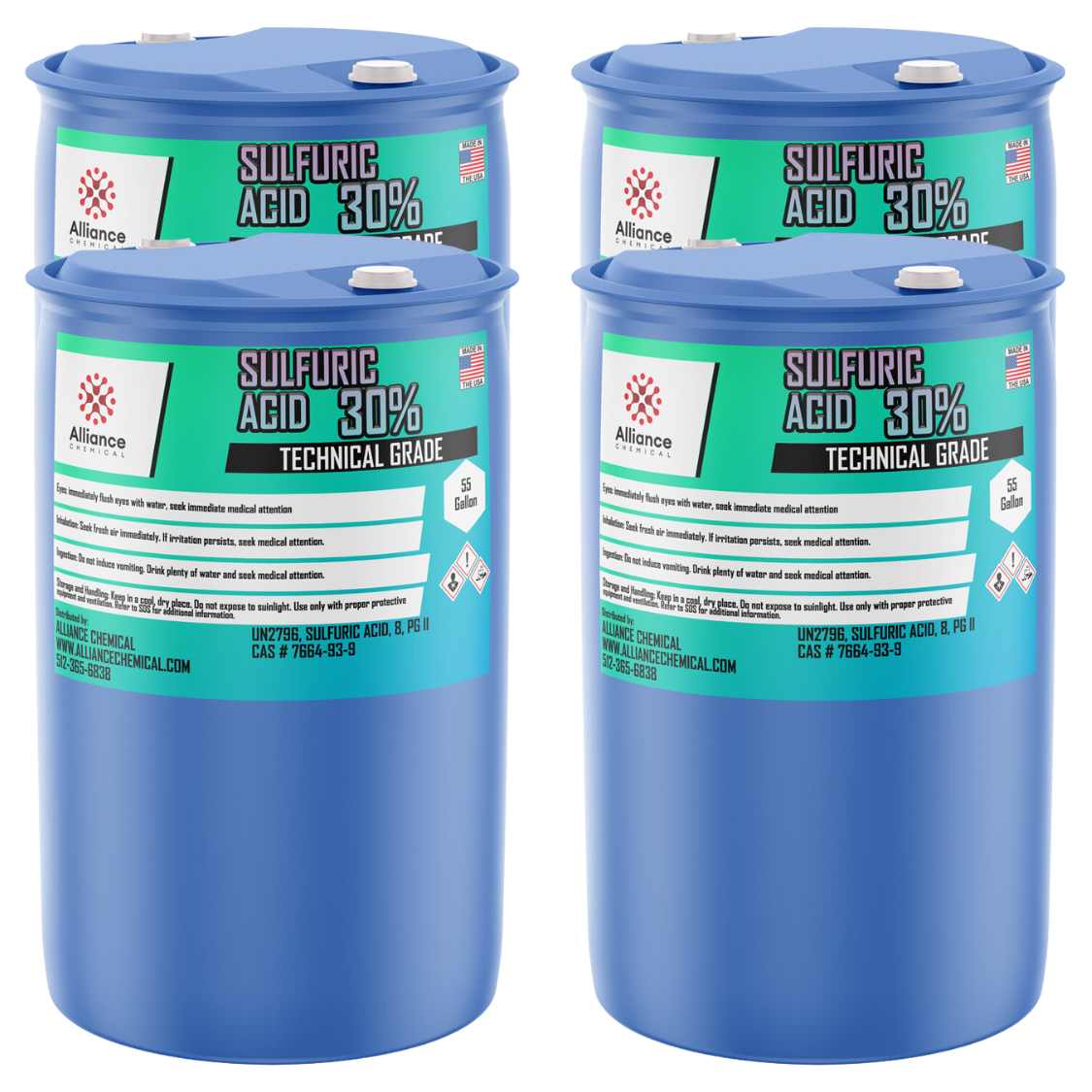 Two 55-gallon plastic drums of Alliance Chemical Sulfuric Acid 30% with blue drums and white screw caps.
