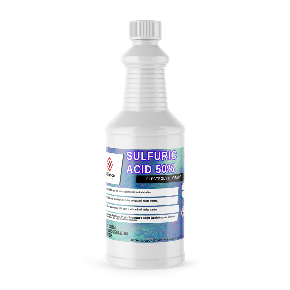 1-quart bottle of 50% Sulfuric Acid, electrolyte-grade, in white HDPE container with safety warnings and tamper-sealed ribbed cap.