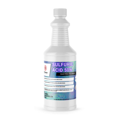 1-quart plastic bottle of Alliance Chemical Sulfuric Acid 50% - Electrolyte Grade with a ribbed screw cap and product label