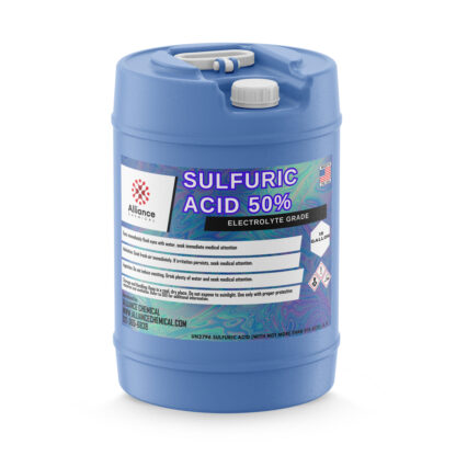 15-gallon blue HDPE drum of 50% Sulfuric Acid electrolyte grade with corrosive/acid hazard symbols and secure screw-top closure.