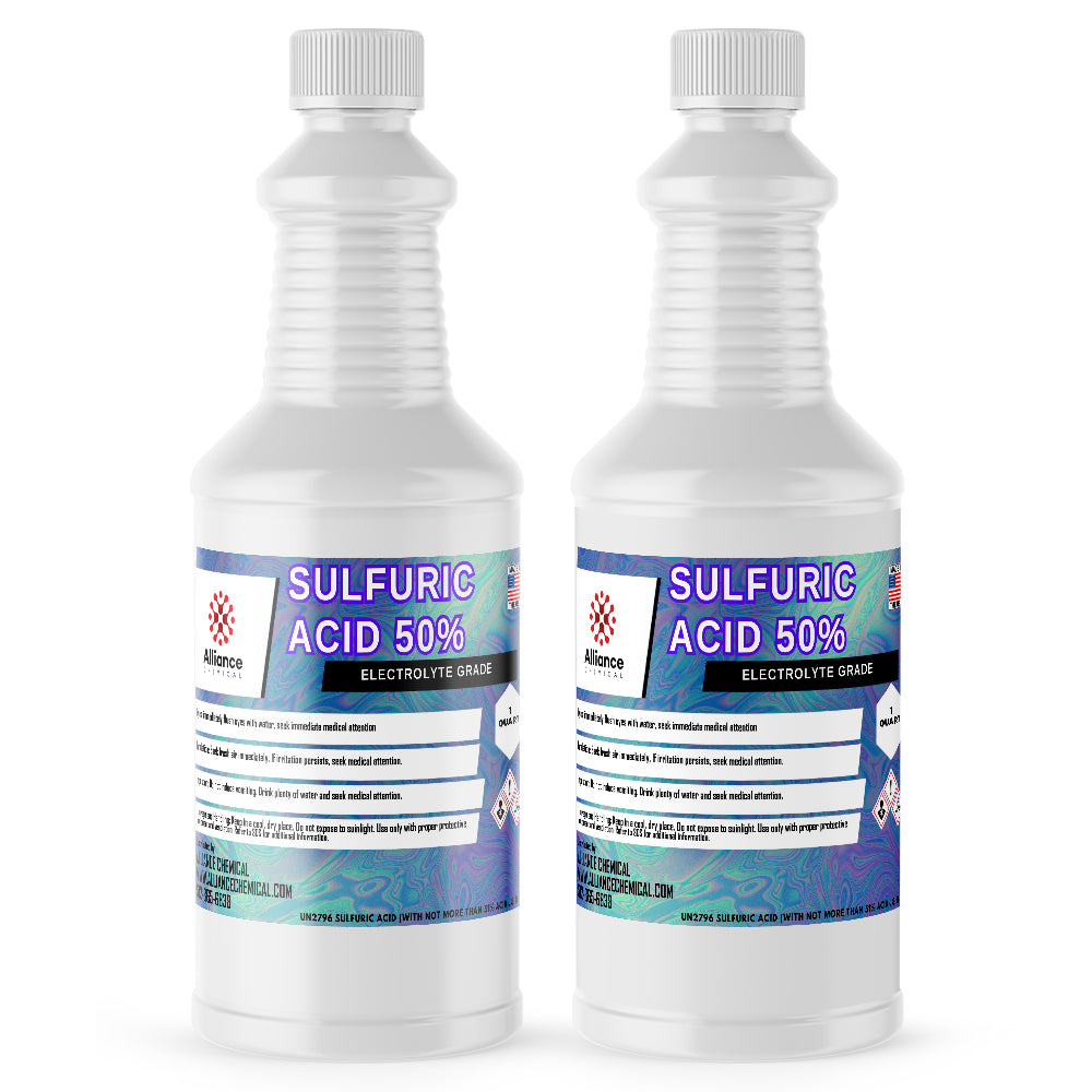 Two 1-quart plastic bottles of Alliance Chemical Sulfuric Acid 50% - Electrolyte Grade with white caps and labels.