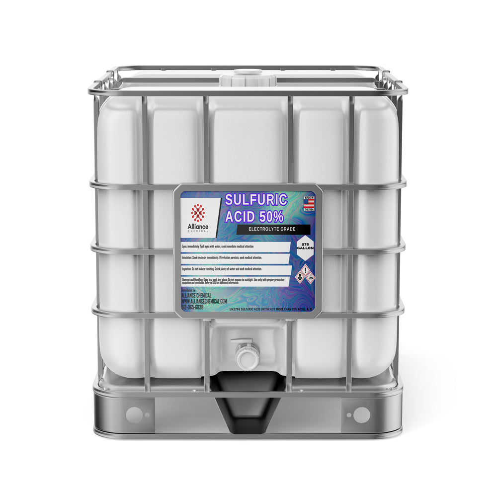 275-gallon IBC tote of 50% Sulfuric Acid electrolyte grade with metal cage frame, hazmat warning symbols, and bottom discharge valve.