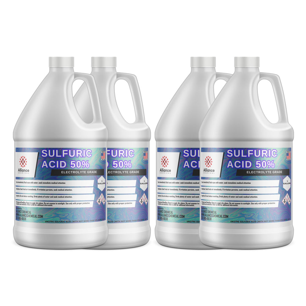 4-gallon case (4x1 gal) of 50% Sulfuric Acid electrolyte grade in white HDPE jugs with safety warnings and hazard symbols, UN2796 labeled.