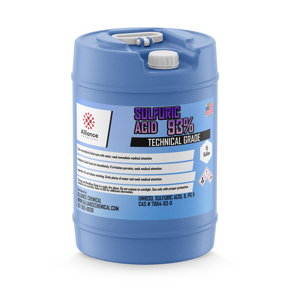 15-gallon blue HDPE carboy of 93% Technical Grade Sulfuric Acid by Alliance Chemical, featuring safety warnings and UN1830 hazard labeling.