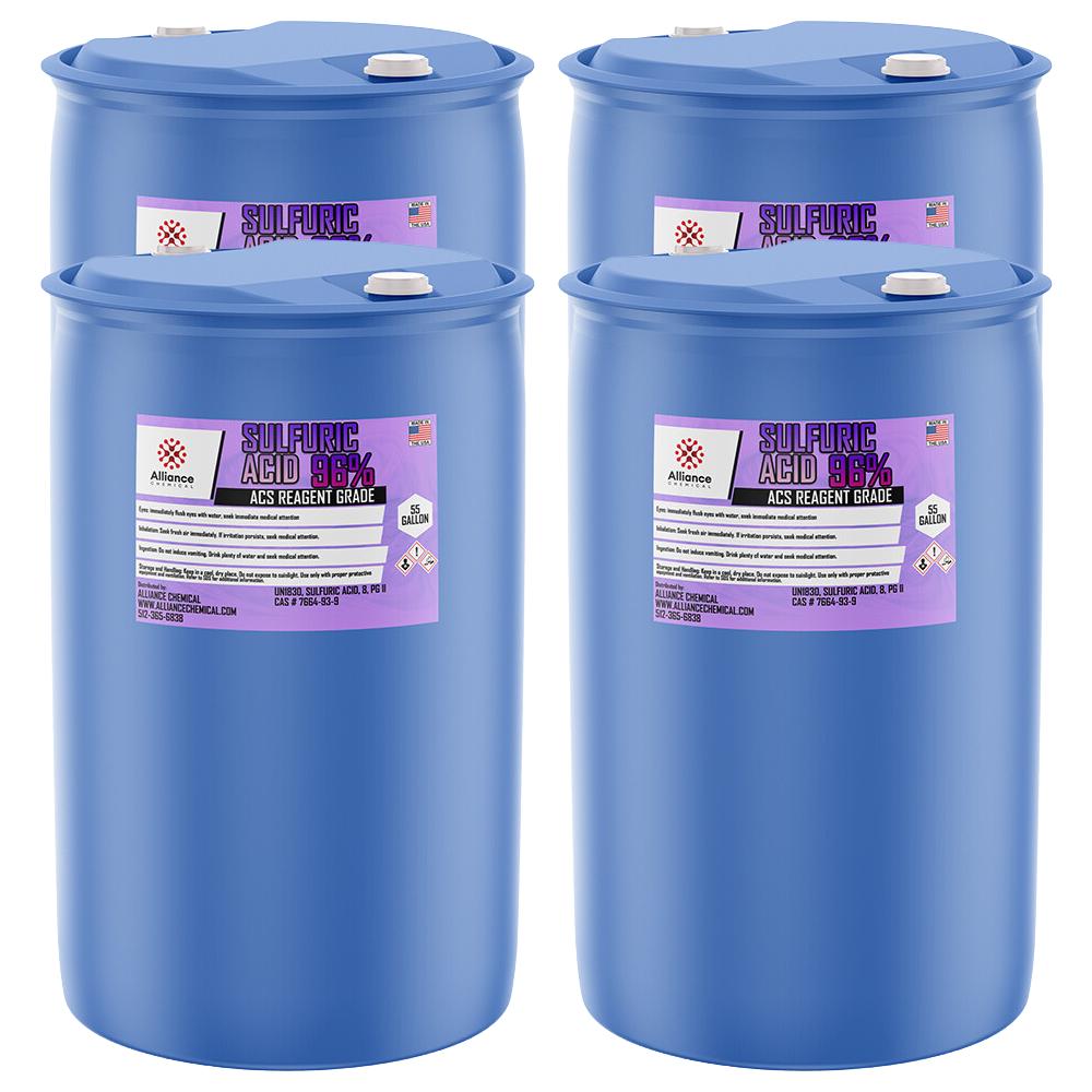 55-gallon blue HDPE drums of 96% Sulfuric Acid ACS Reagent Grade, Alliance Chemical, with hazard warning labels and secure white caps.