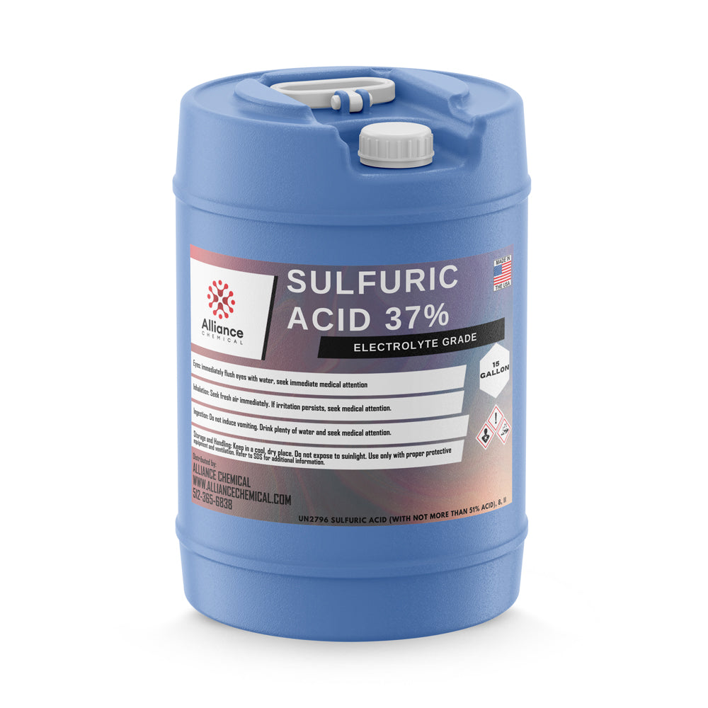 15-gallon blue HDPE drum of 37% electrolyte-grade sulfuric acid with safety warnings, UN2796 designation, and secure dual-cap closure system.