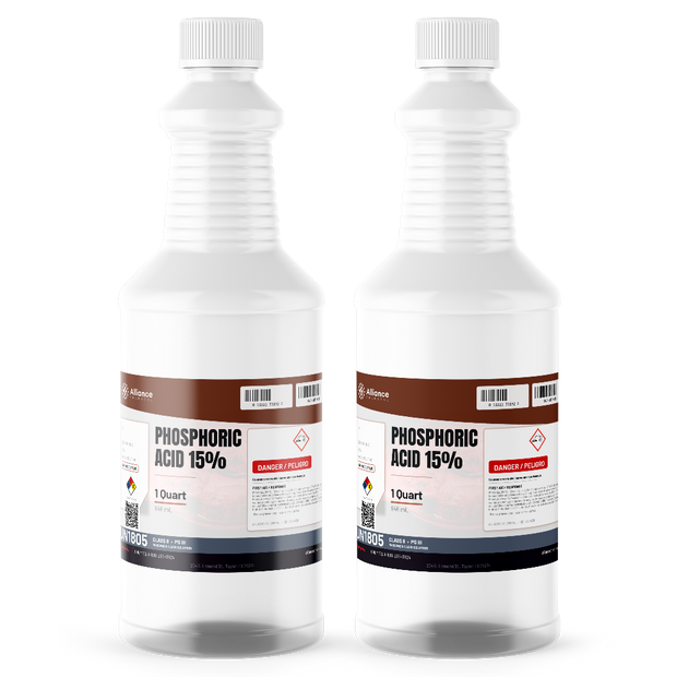 Phosphoric Acid 15% Food Grade in two 1-quart white plastic bottles for food and beverage processing, Alliance Chemical