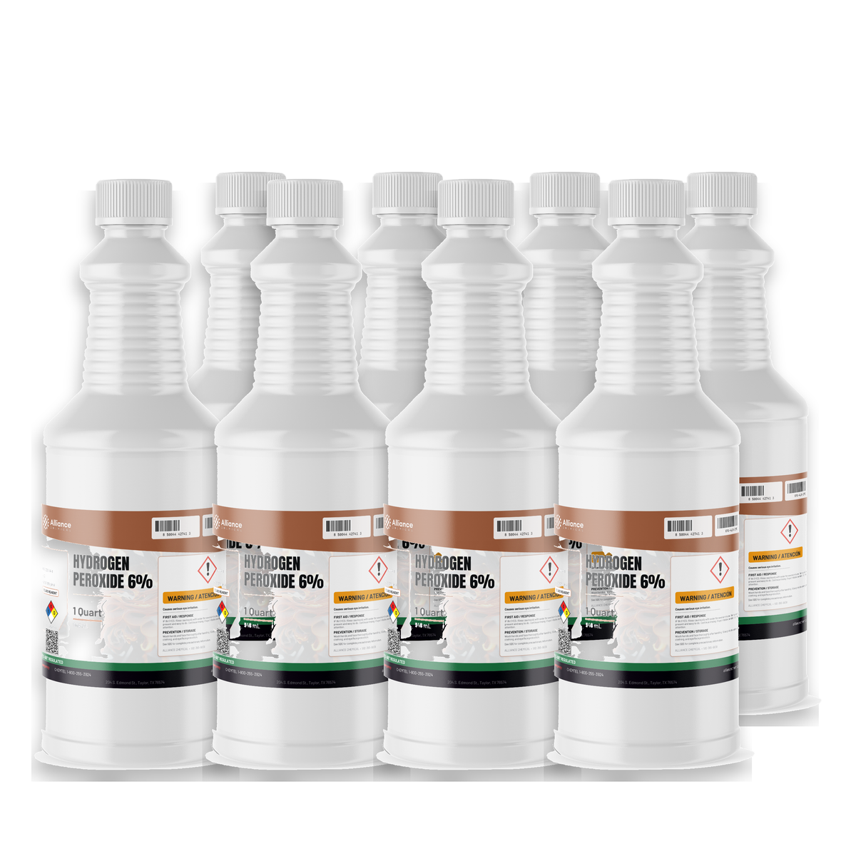 Hydrogen peroxide 6% ACS grade in eight 1-quart white plastic bottles, Alliance Chemical