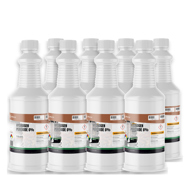 Hydrogen peroxide 6% ACS grade in eight 1-quart white plastic bottles, Alliance Chemical