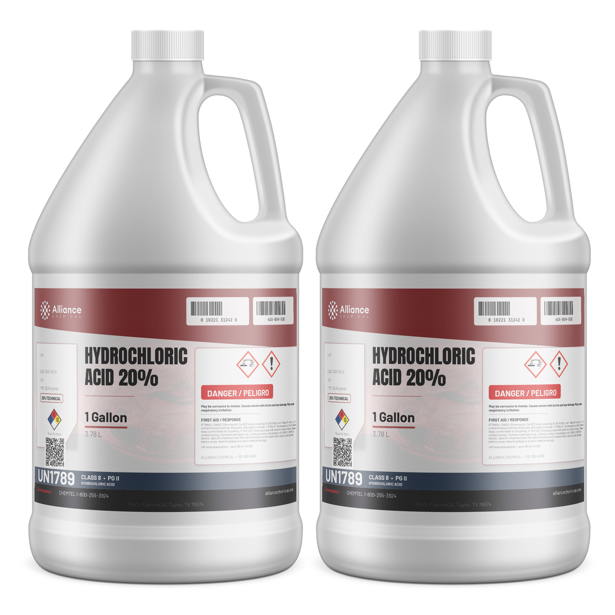 Hydrochloric Acid 20% Technical Grade in two 1-gallon plastic jugs, Alliance Chemical for metal finishing and water treatment