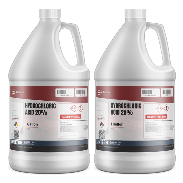 Hydrochloric Acid 20% Technical Grade in two 1-gallon plastic jugs, Alliance Chemical for metal finishing and water treatment
