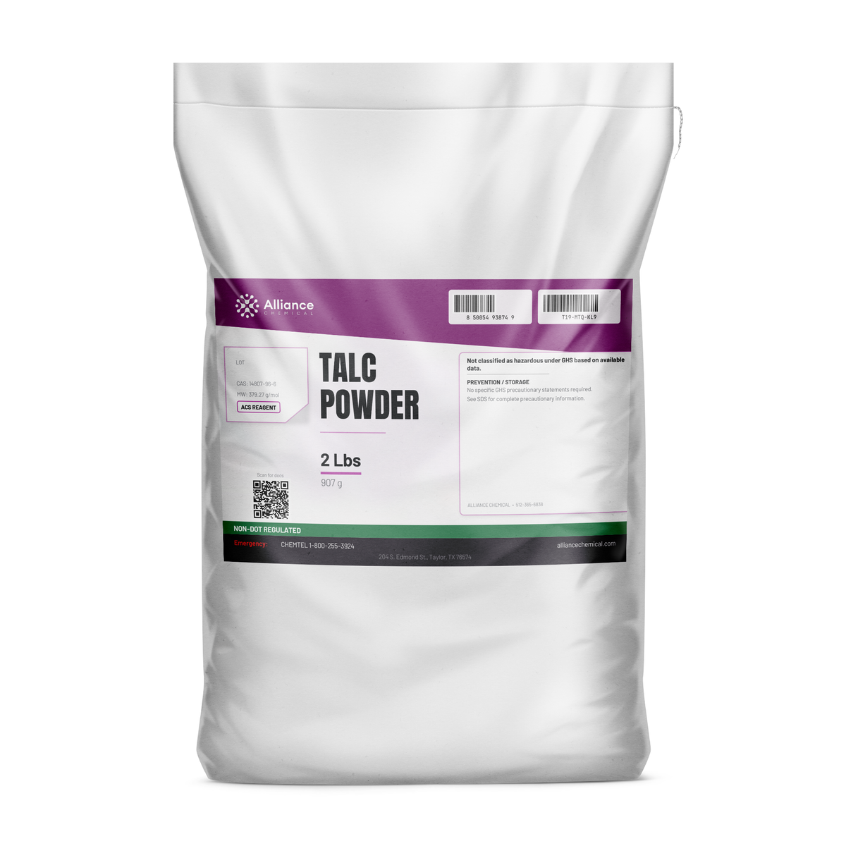 Talc Powder ACS Reagent Grade in a 2-pound white plastic bag from Alliance Chemical