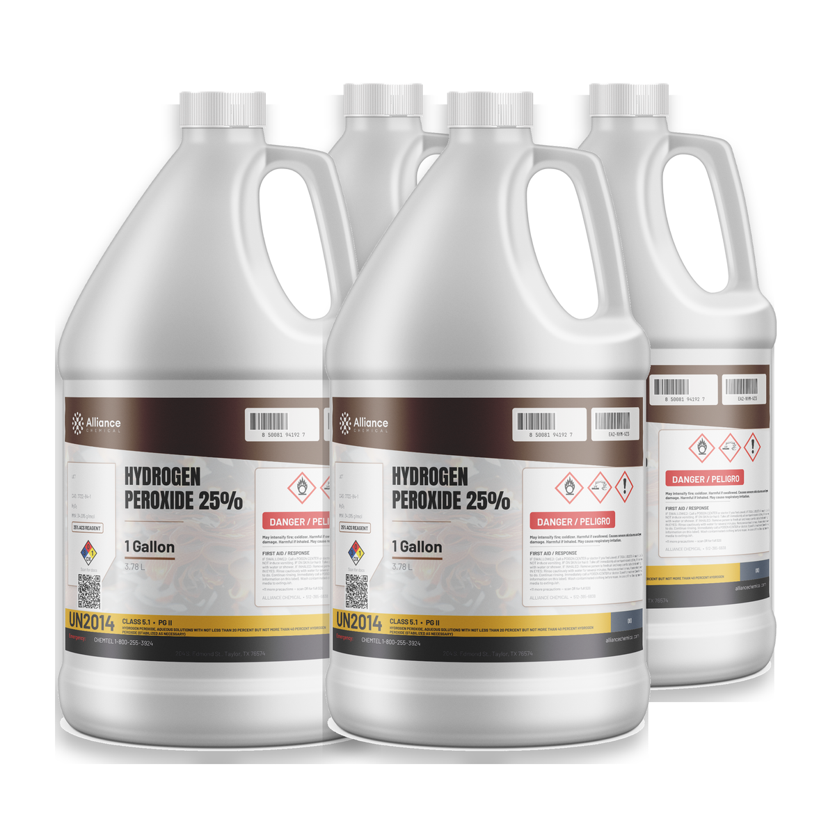 Hydrogen Peroxide 25% ACS Grade in a case of four 1-gallon jugs from Alliance Chemical