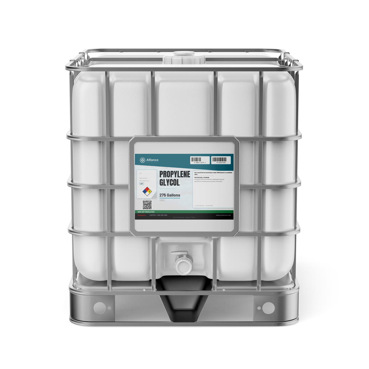 Propylene Glycol USP Grade in a 275-gallon IBC tote with metal cage, Alliance Chemical