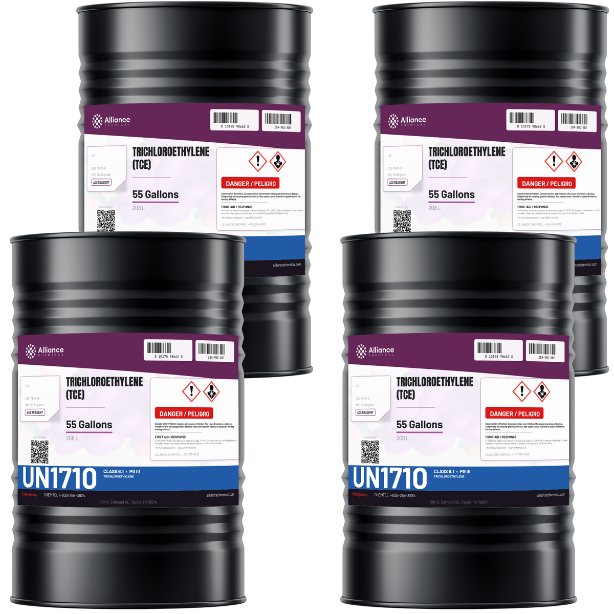 Trichloroethylene ACS Grade in four 55-gallon drums from Alliance Chemical for precision vapor degreasing