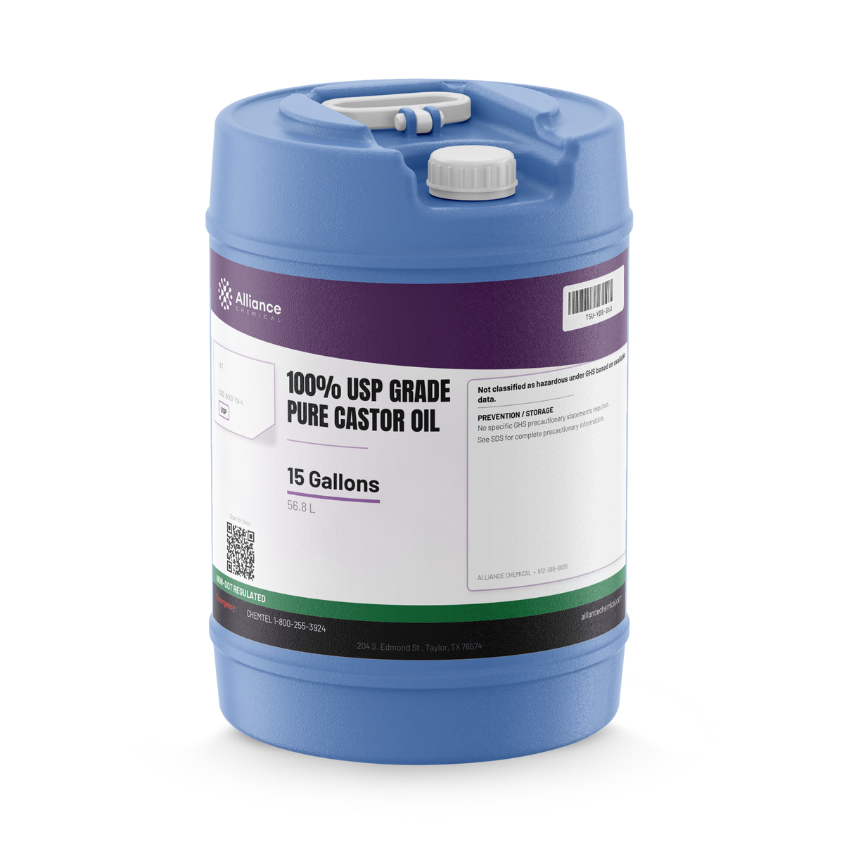 100% USP grade pure castor oil in a 15-gallon blue plastic carboy, Alliance Chemical