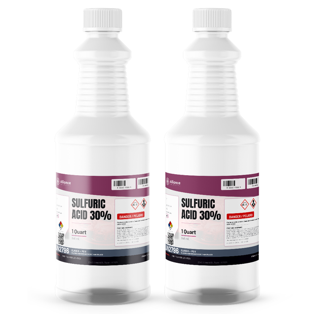 Sulfuric Acid 30% technical grade in two 1-quart plastic bottles, Alliance Chemical for pH neutralization