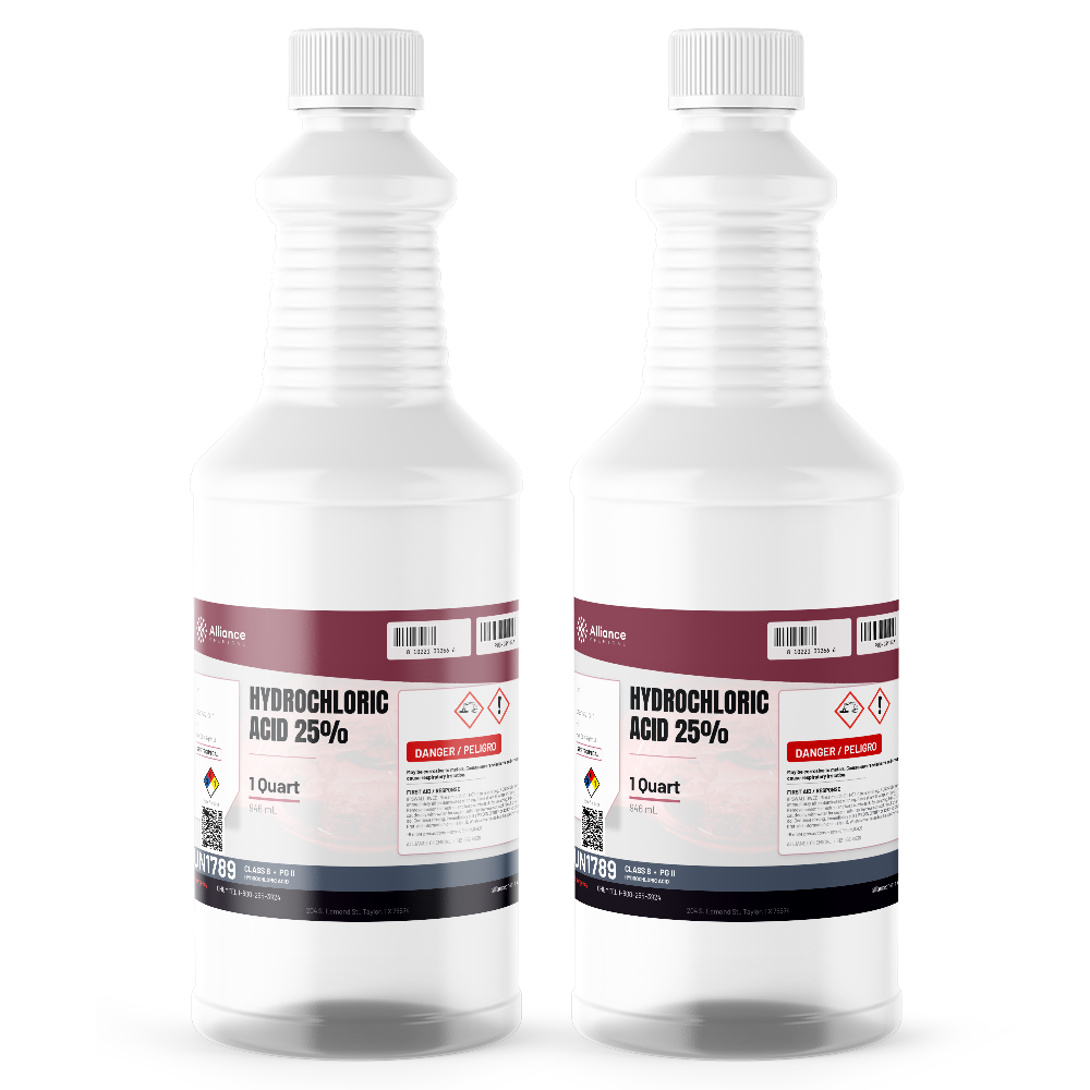 Hydrochloric Acid 25% Technical Grade, two 1-quart white plastic bottles from Alliance Chemical