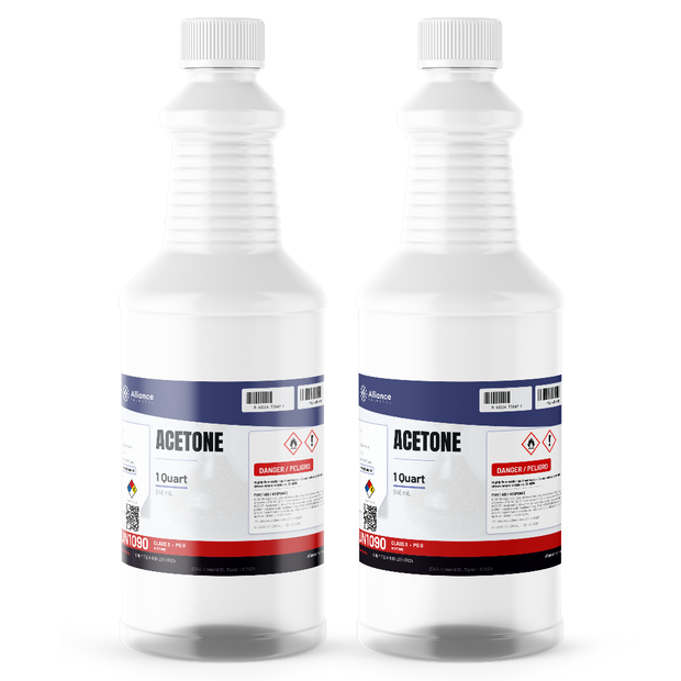 Acetone ACS grade in two 1-quart bottles, Alliance Chemical, for precision laboratory cleaning and glassware drying