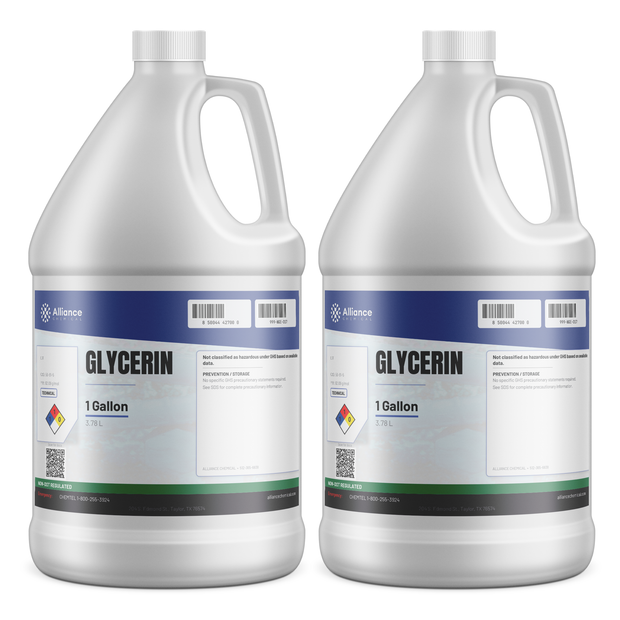 Glycerin 100% Technical Grade in two 1-gallon white plastic jugs, Alliance Chemical