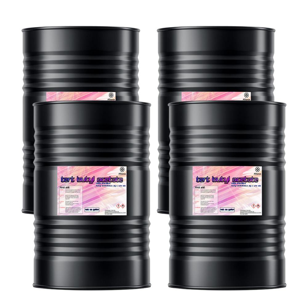55-gallon steel drums of tert-butyl acetate (TBA), industrial solvent with pink hazard warning labels, UN-certified black barrels, 4-pack configuration.