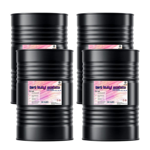 Four 55-gallon steel drums of Alliance Chemical Tert Butyl Acetate with black bodies and product labels.