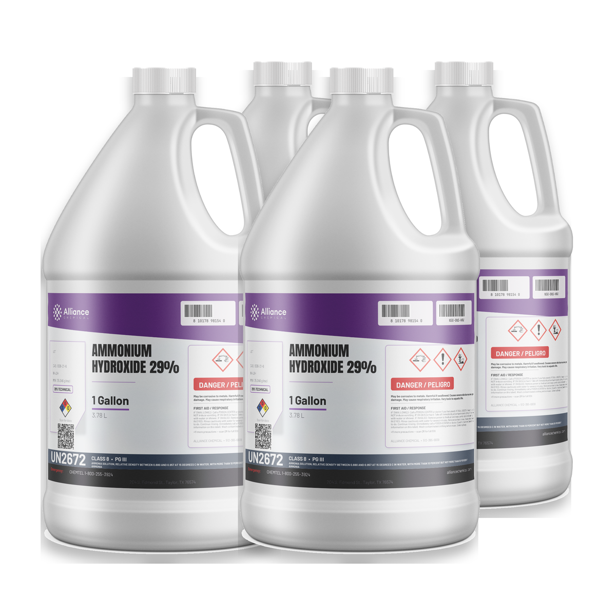 Ammonium Hydroxide 29% Technical Grade four 1-gallon plastic jugs, Alliance Chemical for wastewater pH adjustment