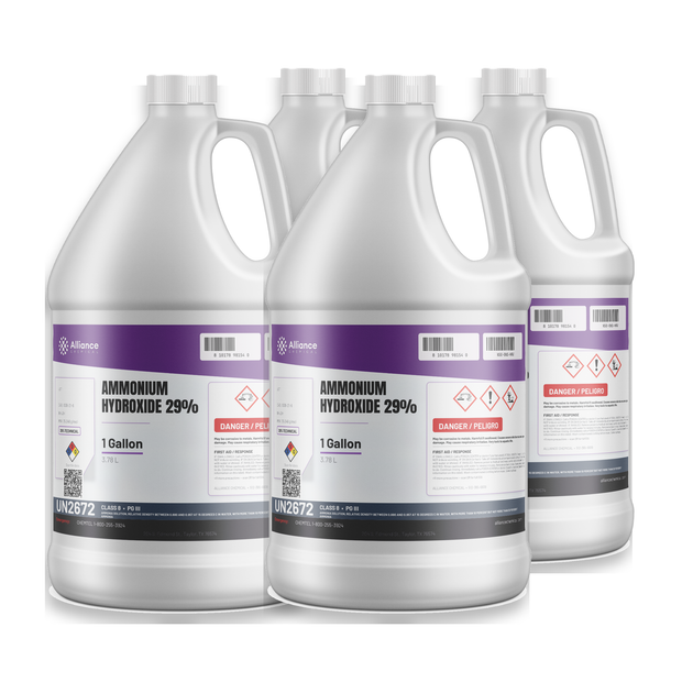 Ammonium Hydroxide 29% Technical Grade four 1-gallon plastic jugs, Alliance Chemical for wastewater pH adjustment