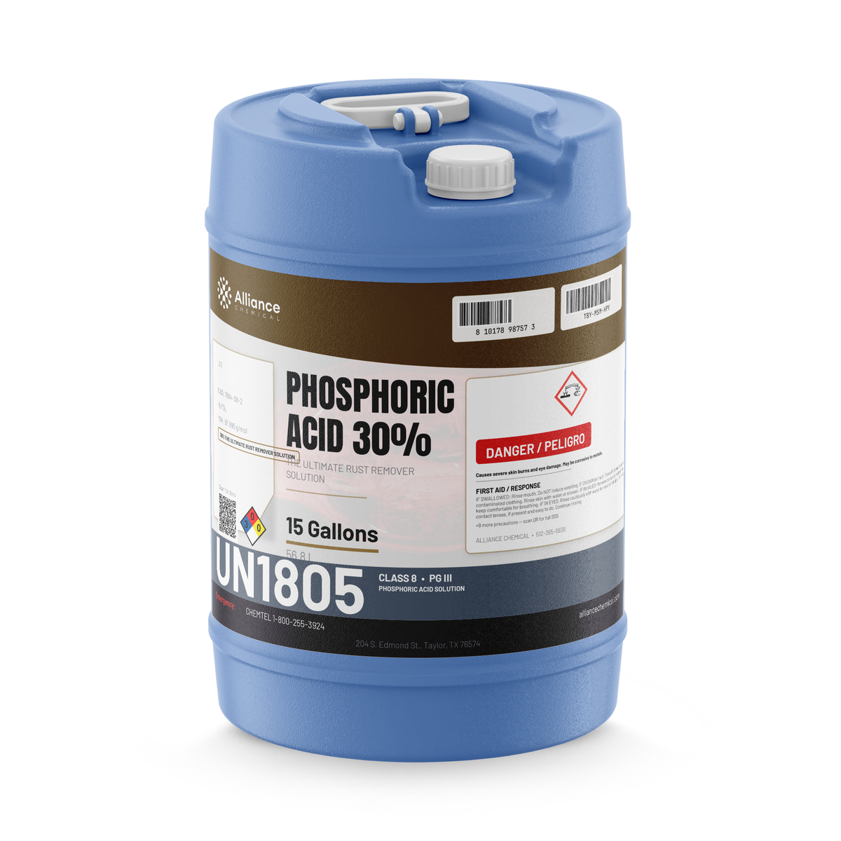 Phosphoric Acid 30% Technical Grade in a blue 15-gallon carboy from Alliance Chemical