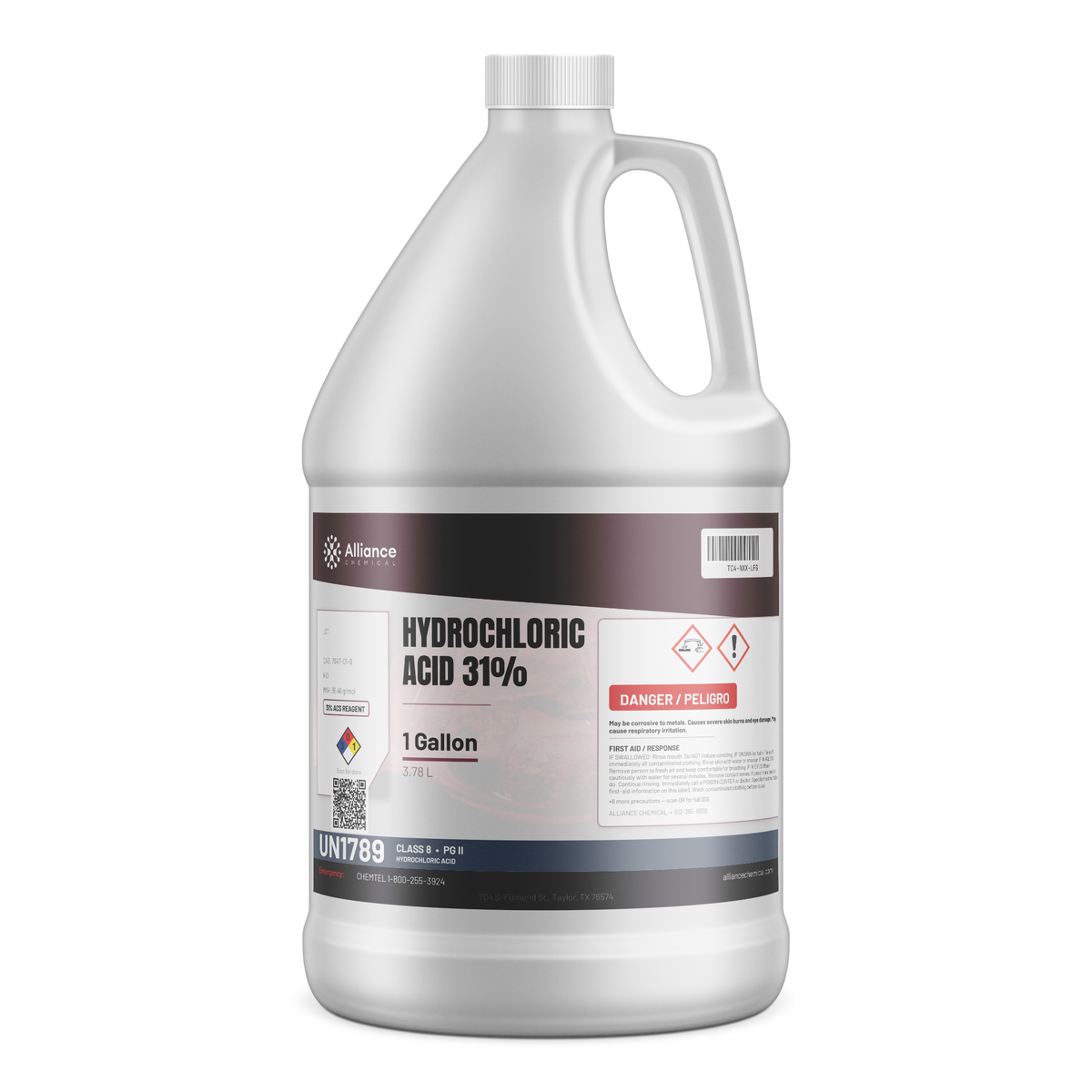 Hydrochloric Acid 31% ACS Reagent Grade in a 1-gallon white plastic jug by Alliance Chemical