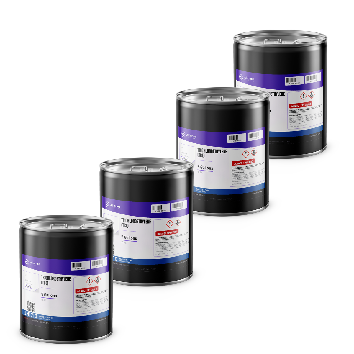 Trichloroethylene TCE Technical Grade four 5-gallon metal pails for vapor degreasing Alliance Chemical