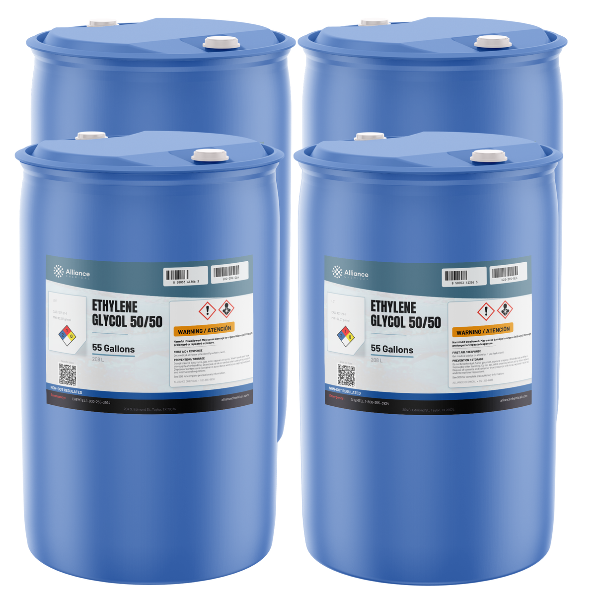 Ethylene Glycol 50/50 Technical Grade in four blue plastic 55-gallon drums, Alliance Chemical
