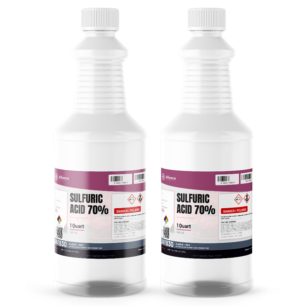 Sulfuric Acid 70% Technical Grade in two 1-quart white plastic bottles, Alliance Chemical