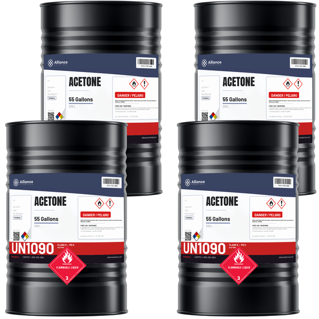 Acetone Technical Grade in four 55-gallon drums from Alliance Chemical for resin thinning and metal degreasing