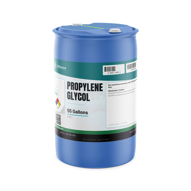 Propylene Glycol Technical Grade in a 55-gallon blue plastic drum, Alliance Chemical