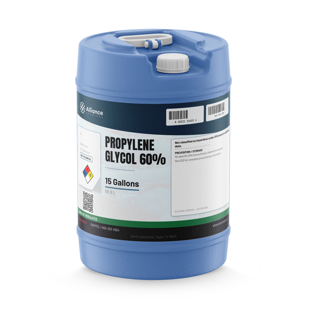Propylene Glycol 60% Technical Grade in a blue 15-gallon carboy from Alliance Chemical