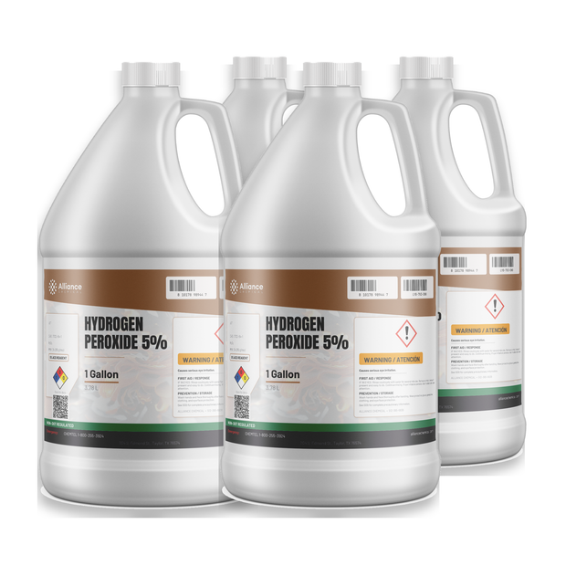 Hydrogen Peroxide 5% ACS Grade four 1-gallon white plastic jugs from Alliance Chemical