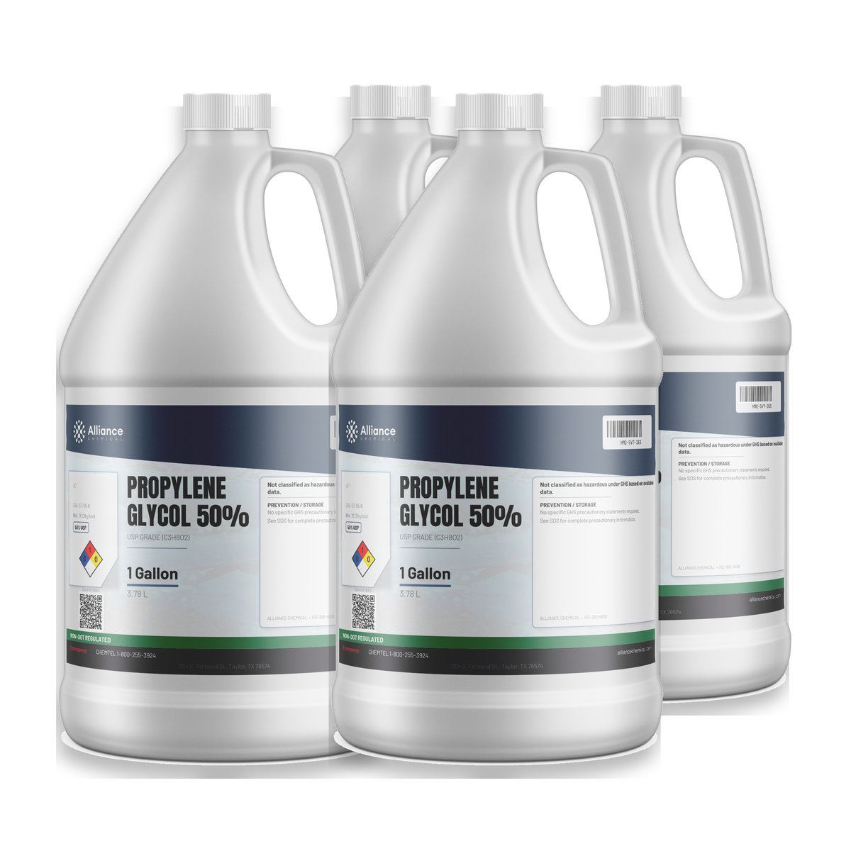 Propylene Glycol 50% USP Grade liquid in a case of four 1-gallon plastic jugs from Alliance Chemical