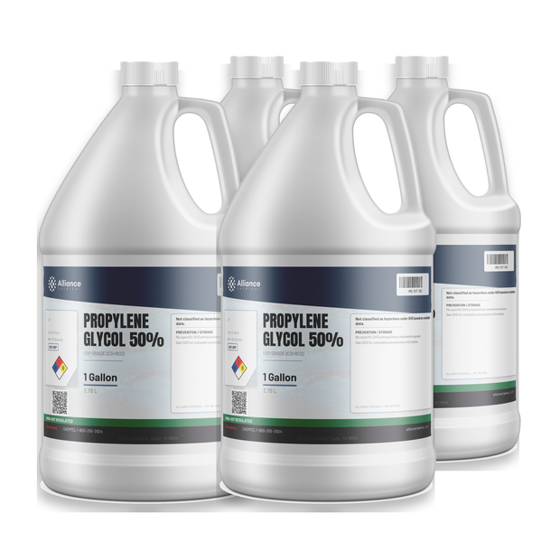 Propylene Glycol 50% USP Grade liquid in a case of four 1-gallon plastic jugs from Alliance Chemical