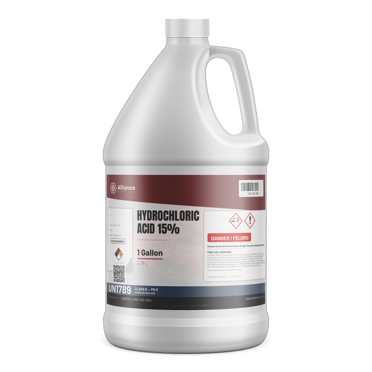 Hydrochloric Acid 15% ACS Reagent Grade in a 1-gallon white plastic jug from Alliance Chemical
